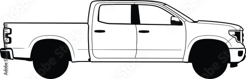 Modern pickup truck outline vector illustration showing a side view of a double cab utility vehicle with black wheels isolated on white background.