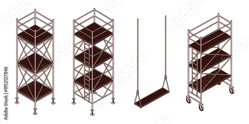 Isometric vector set of various scaffolds, construction platforms, and swing for workers