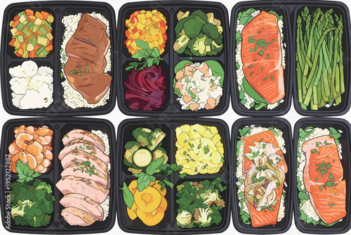 Healthy meal prep boxes filled with various foods like shrimp, chicken, and salmon with vegetables and grains on a black background