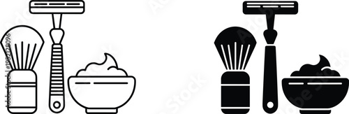 Shaving kit icon set with razor brush and foam bowl, outline and solid style grooming vector illustration