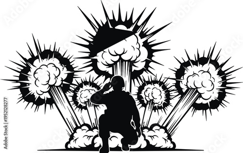 Soldier silhouette with dramatic explosion background, military battlefield scene with blast effects, war action concept vector illustration