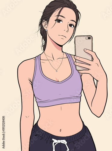 Woman takes selfie in workout clothes at home in the afternoon with phone in hand