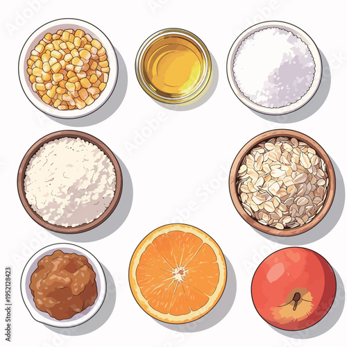 Different food ingredients arranged in bowls on a white table, showing items for cooking or preparing meals at home