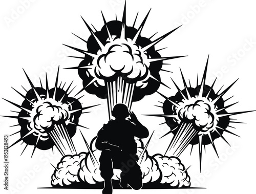 Soldier silhouette with multiple explosion blasts behind, dramatic battlefield war scene illustration, military combat action vector design