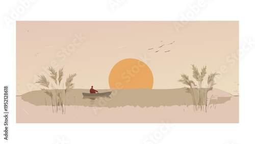 Minimalist landscape illustration of a silhouette fisherman in a boat on a lake at sunset