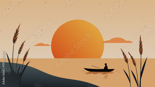 Minimalist landscape illustration of a silhouette fisherman in a boat on a lake at sunset