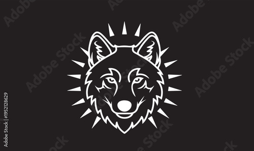 Bold Wolf Head Vector Logo with Sunburst Halo, Minimalist Animal Mascot on Black Background