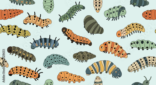 Repeating pattern features many different types of colorful caterpillars with various spots, stripes, and segments on a light blue background.