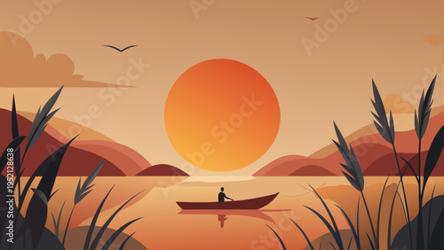 Minimalist landscape illustration of a silhouette fisherman in a boat on a lake at sunset