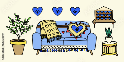 living room interior illustration with smiling heart pillow and plants.