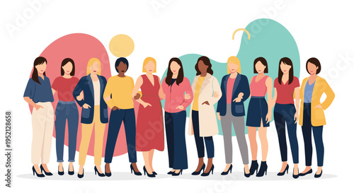 Diverse group of eleven fashionable women of different ethnicities stand together in a row against an abstract colorful background.