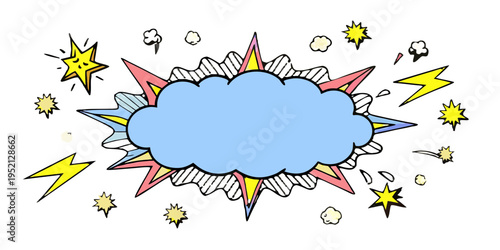 Comic book style space explosion with stars and planets on black background, retro pop art vector illustration.