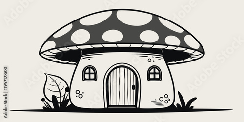 Cute fantasy mushroom house at night with moon and plants vector illustration