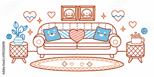 living room interior illustration with smiling heart pillow and plants.