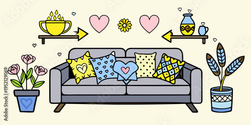living room interior illustration with smiling heart pillow and plants.