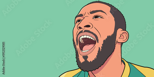 Man shows excitement while shouting at a sports event in a vibrant setting during daytime