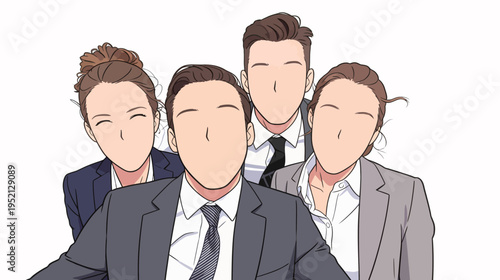 Group of people in business suits posing together for a photo in a studio setting during daytime