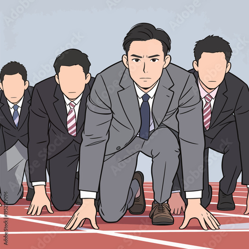 Businessmen prepare to race on a track while wearing suits in a competitive setting