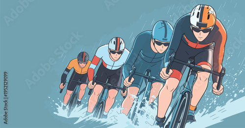 Cyclists race during rain on a flat road in a city setting with water splashing around them in the early morning