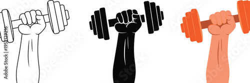 Strong hand lifting dumbbell weight, fitness workout strength training concept, gym exercise power symbol isolated on light background illustration