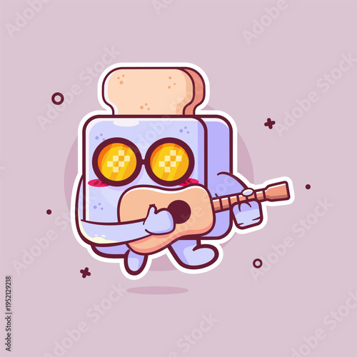 cool bread toaster machine vegetable character mascot playing guitar isolated cartoon