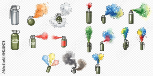 Set of various smoke grenades and spray cans with colorful smoke effects for protest and riot simulations.