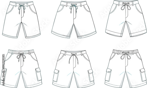 Flat Vector Illustration of Men's Cargo and Drawstring Shorts Technical Sketches Featuring Elastic Waistbands Pockets and Front Tie Detail Mockups