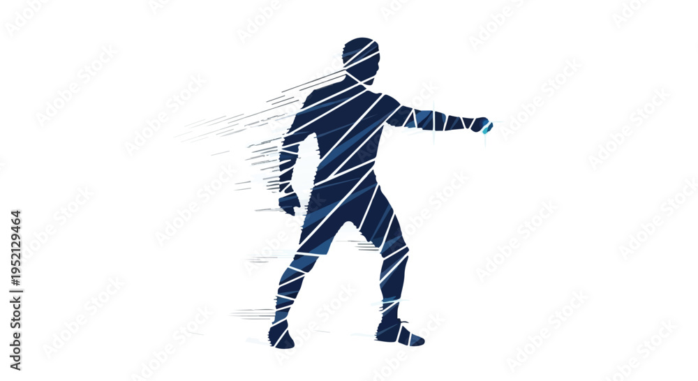 Fototapeta premium Dynamic silhouette of a man in motion, composed of geometric lines and digital fragments, representing connectivity and progress.