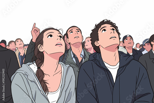Crowd looks up at the sky during a public event held in a city plaza on a sunny afternoon in early spring