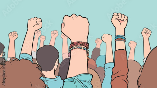 People raise their fists in support during a demonstration for social change in a crowded location on a sunny day
