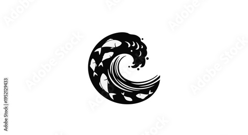 Stylized black and white illustration of a powerful ocean wave filled with swimming fish.