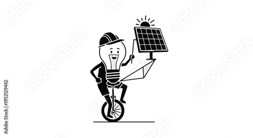 Enlightened idea on a solar-powered unicycle, symbolizing innovation and sustainable energy.