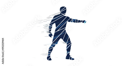 Dynamic silhouette of a man in motion, composed of geometric lines and digital fragments, representing connectivity and progress.
