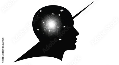Cosmic mind concept, galaxy and stars within a human head silhouette with a unicorn horn