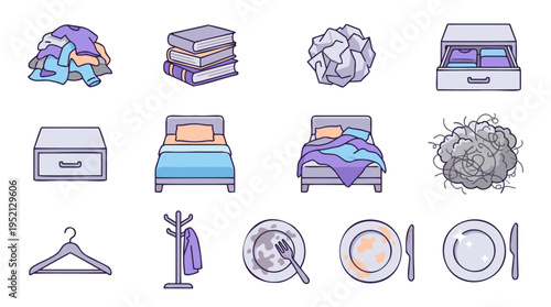 Collection of household items and states of organization, including clean and dirty dishes, neat and messy beds, clothes, books, and drawers.