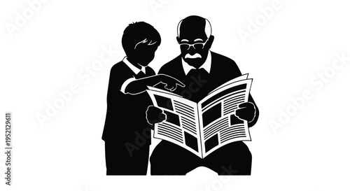 Grandfather and grandchild share a moment reading a newspaper together.
