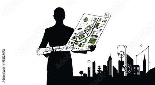 Architect reviewing city development plan with modern skyline in background