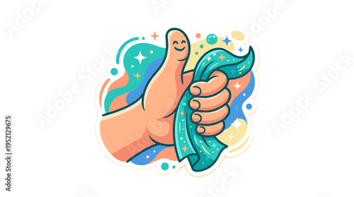 A cheerful cartoon hand giving a thumbs-up while holding a sparkling teal cloth, set against a vibrant abstract background with stars and bubbles.