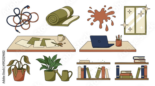 Collection of illustrations depicting home and office items, including messy and organized spaces, plants, and cleaning elements.