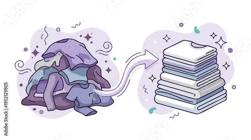 Illustration depicting the transformation of a messy pile of dirty, smelly clothes into a neatly folded stack of clean laundry, symbolizing cleanliness and organization.