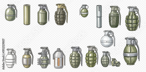 Set of various hand grenades and explosive devices in different styles and sizes, isolated on a transparent background.