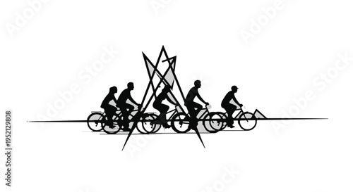Group of cyclists silhouetted against geometric abstract art