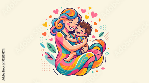 Vibrant illustration of a loving mother embracing her joyful child, surrounded by colorful hearts and abstract patterns, symbolizing maternal love and happiness.