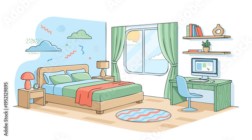A brightly illustrated modern bedroom interior featuring a comfortable bed, a study desk with a computer, and a window with green curtains.