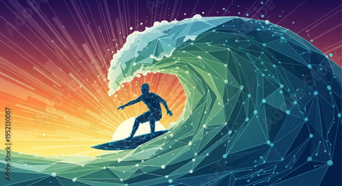 Surfer Riding a Massive Wave in a Digital Art Style.