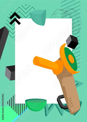 Angle grinder geometrical graphic retro theme background. Minimal geometric elements. Vintage abstract shapes vector illustration.