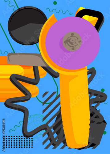 Angle grinder geometrical graphic retro theme background. Minimal geometric elements. Vintage abstract shapes vector illustration.