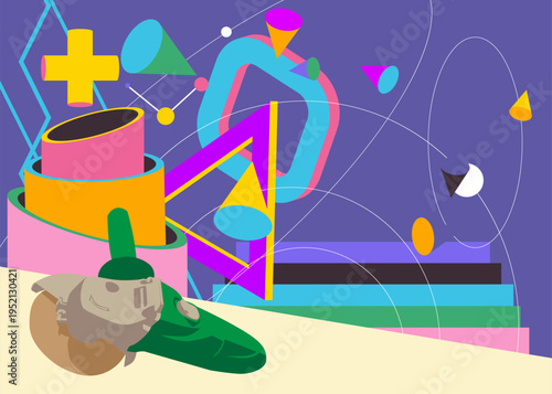 Angle grinder geometrical graphic retro theme background. Minimal geometric elements. Vintage abstract shapes vector illustration.