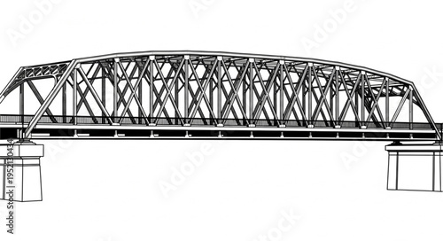 Detailed Line Art Illustration of a Truss Bridge Structure.