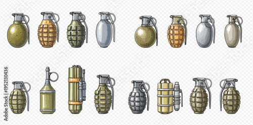 Set of various hand grenades, military weapons, and explosive devices on a transparent background, depicting different types and designs of army munitions.